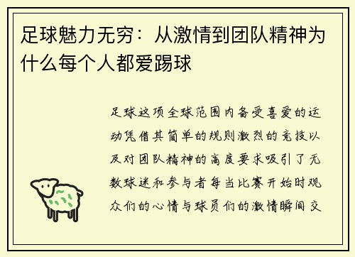 足球魅力无穷：从激情到团队精神为什么每个人都爱踢球